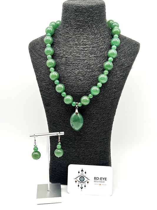 Aventurine Necklace & Earrings Set 925 Sterling Silver Pendant Bale 21”