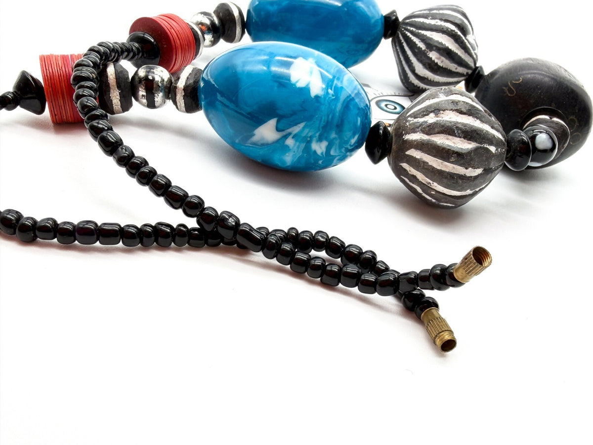 Chunky Blue Black Statement Necklace Carved Clay Beads Ethnic Style Wood 22”