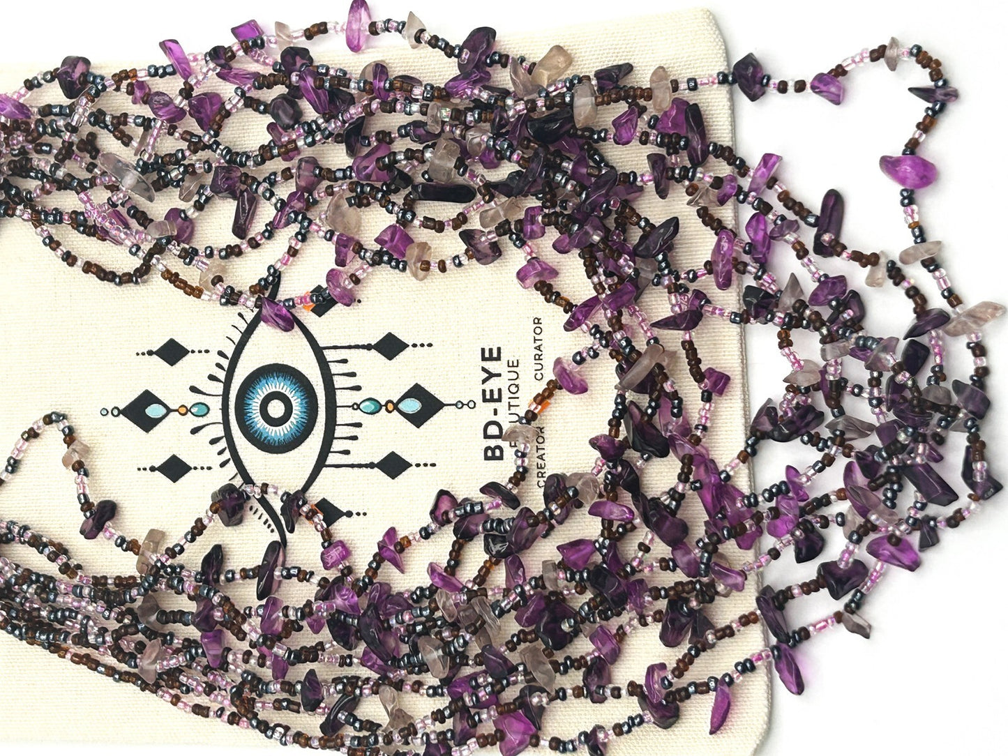 Vintage 11 Layer Amethyst, Quartz & Glass Beaded Purple Tones Statement Necklace