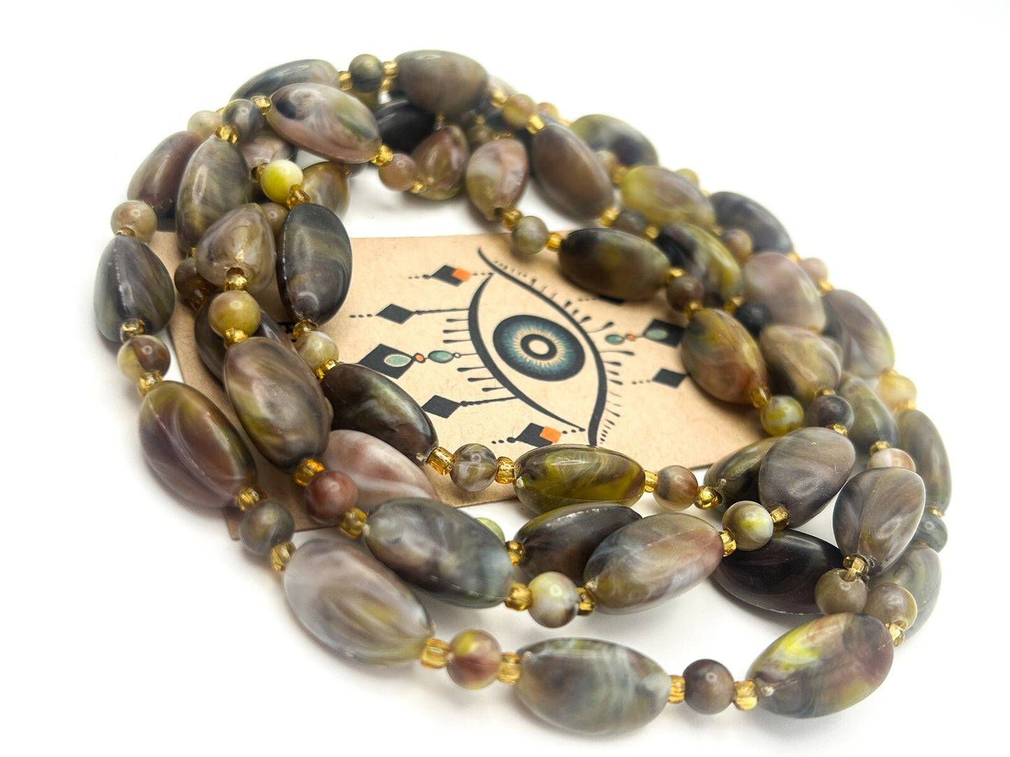 Vintage Marbled Acrylic Bead Long Necklace – Green, Mauve & Grey Tones
