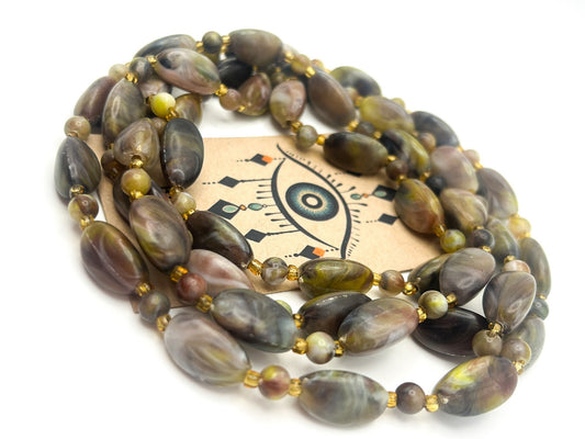 Vintage Marbled Acrylic Bead Long Necklace – Green, Mauve & Grey Tones