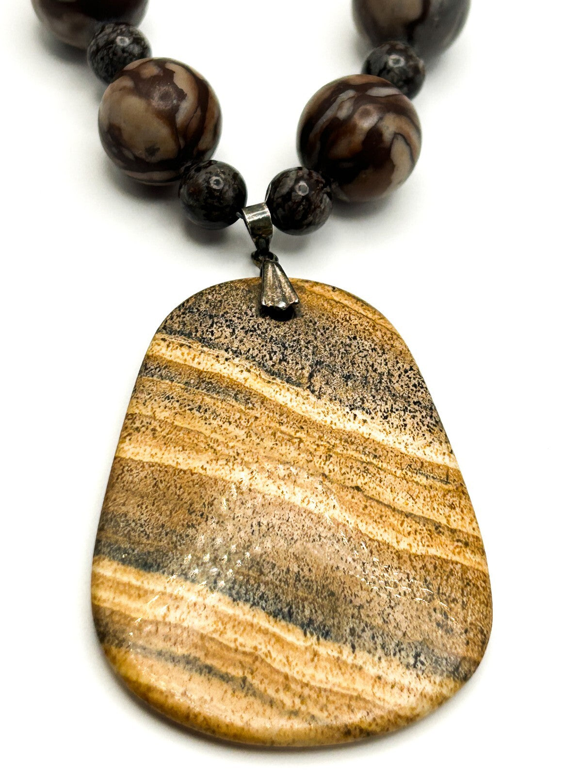 Picture Jasper Pendant Necklace – 925 Sterling Silver Bale – 26” Gemstone Boho