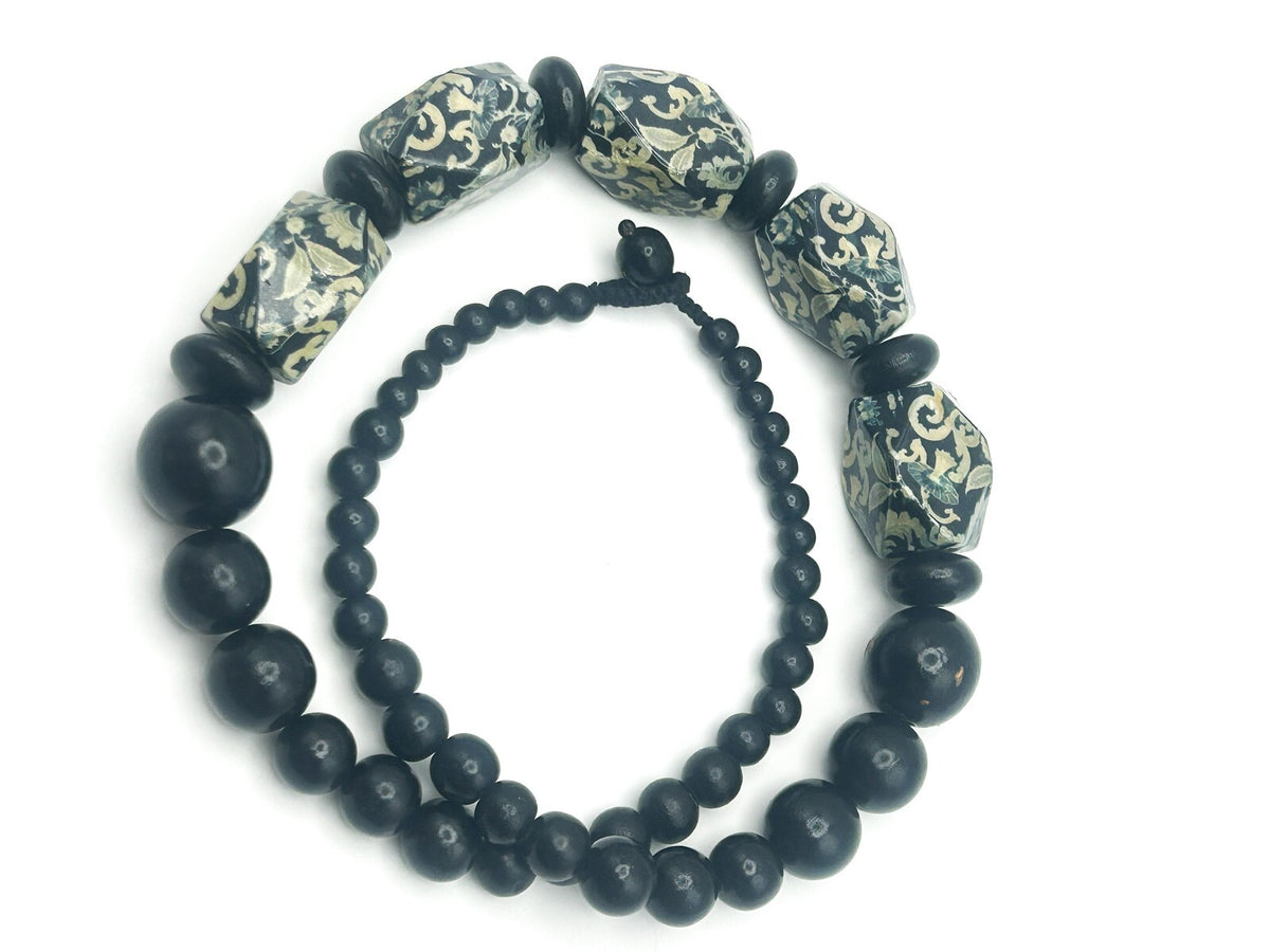 Chunky Black and Yellow-Green Floral Print Long Beaded Wood Necklace Flower