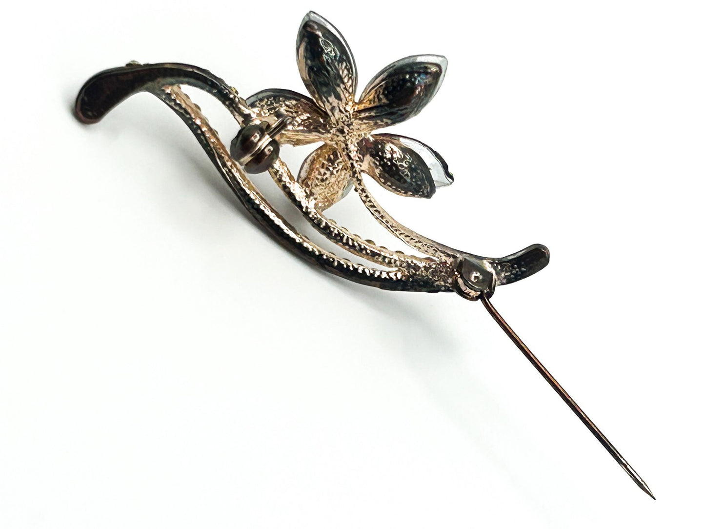 Vintage Purple Rhinestone Flower Brooch with Clear Pavé Leaf Detail