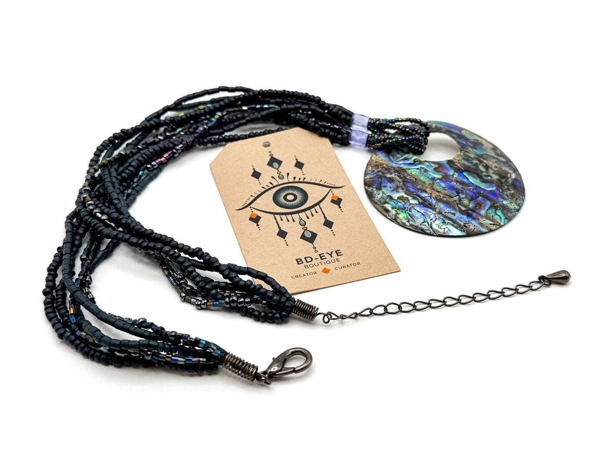 Vintage Paua Abalone Shell Donut Pendant Necklace - Beach Surf Summer