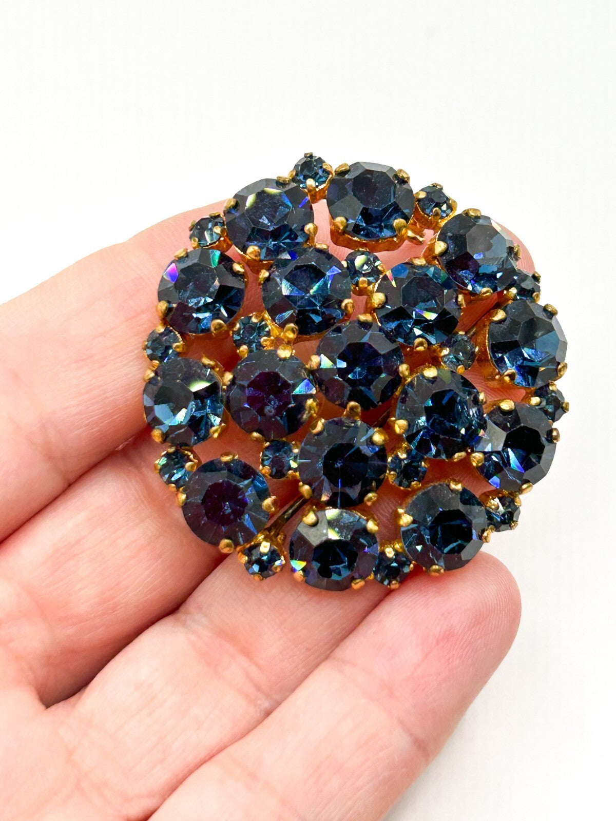 Antique Art Deco Blue Glass Rhinestone Domed Cluster Brooch C Clasp 1920s 30s