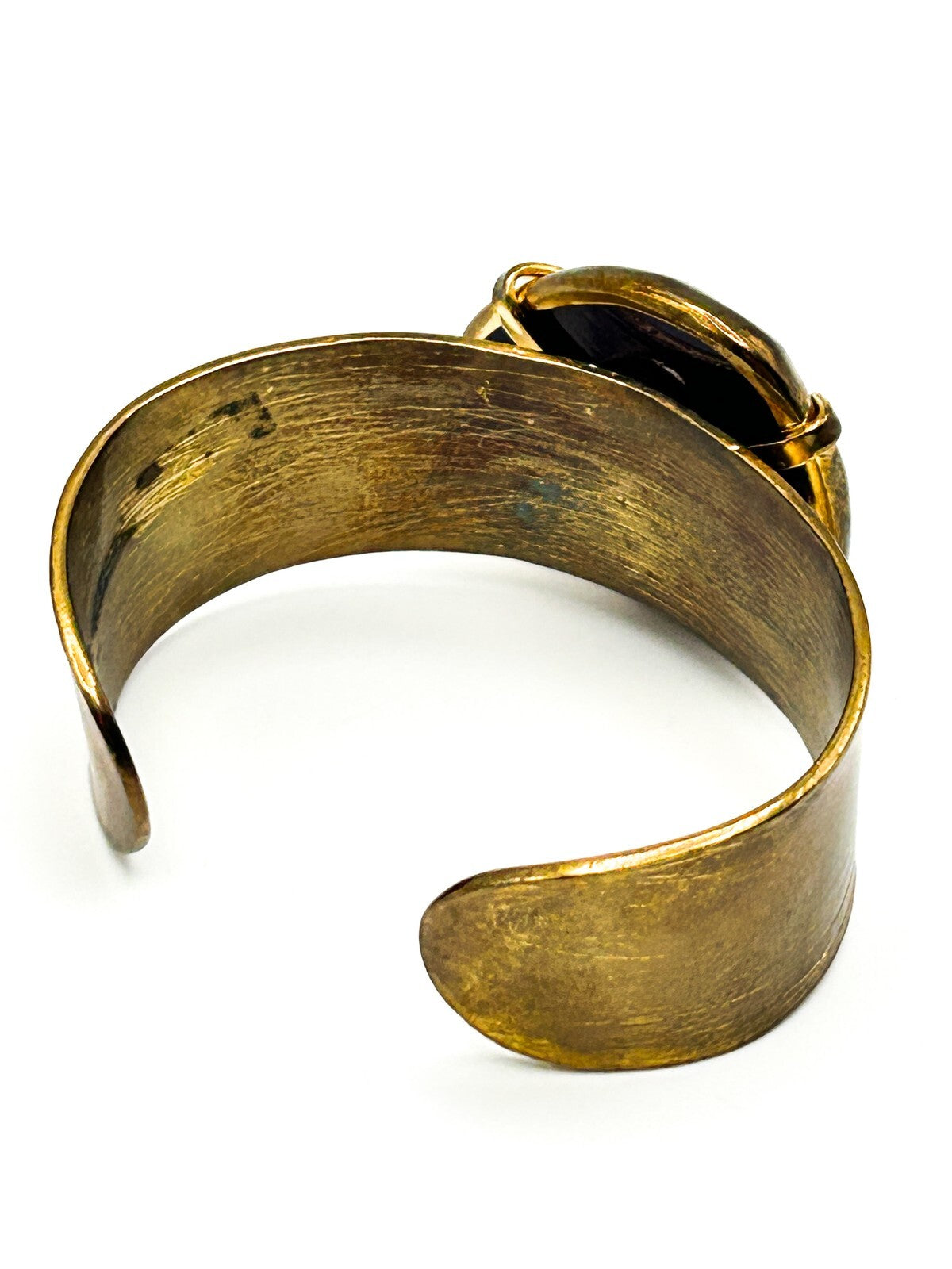 Gold Tone Brushed Cuff Bracelet with Faceted Semi-precious Blue Lepidolite Stone
