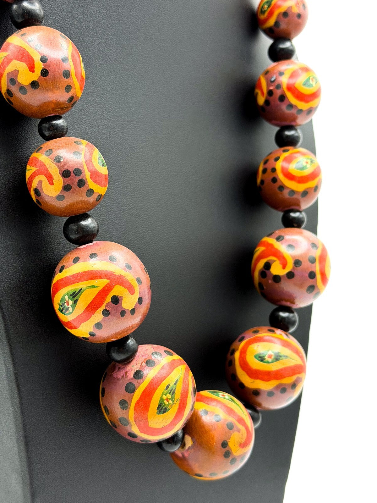 Graduated Hand-Painted Paisley Wooden Bead Necklace – Orange & Brown Tones