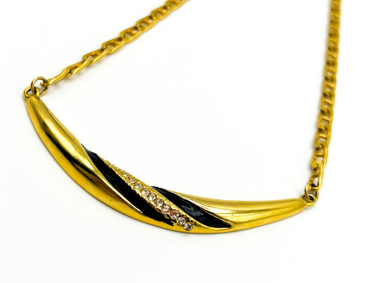 Gold Tone Black Enamel Rhinestone Necklace Figaro Chain Vintage Style