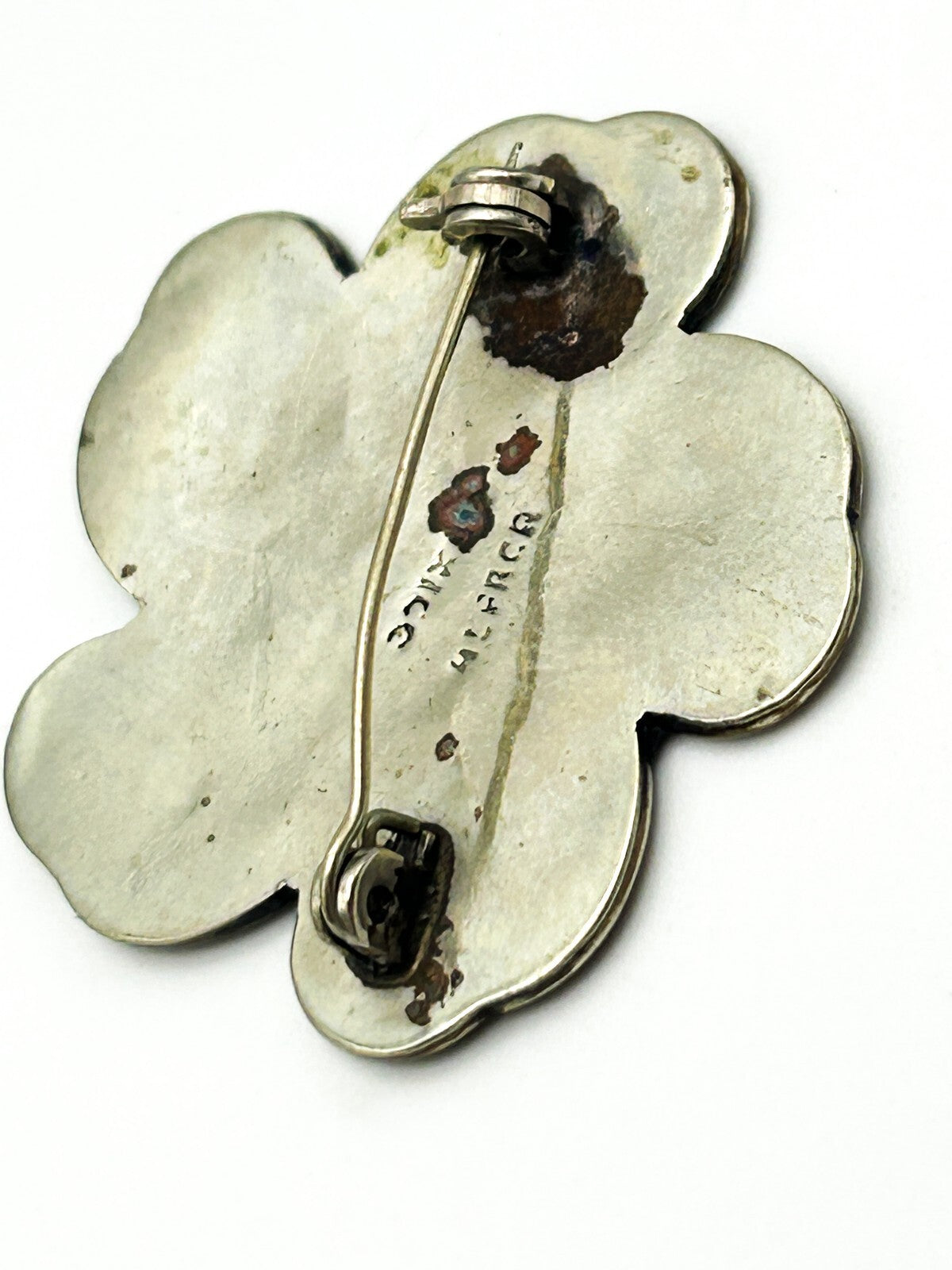 Vintage Alpaca Mexico Abalone Shell Inlay Flower Brooch Black Enamel Swirl