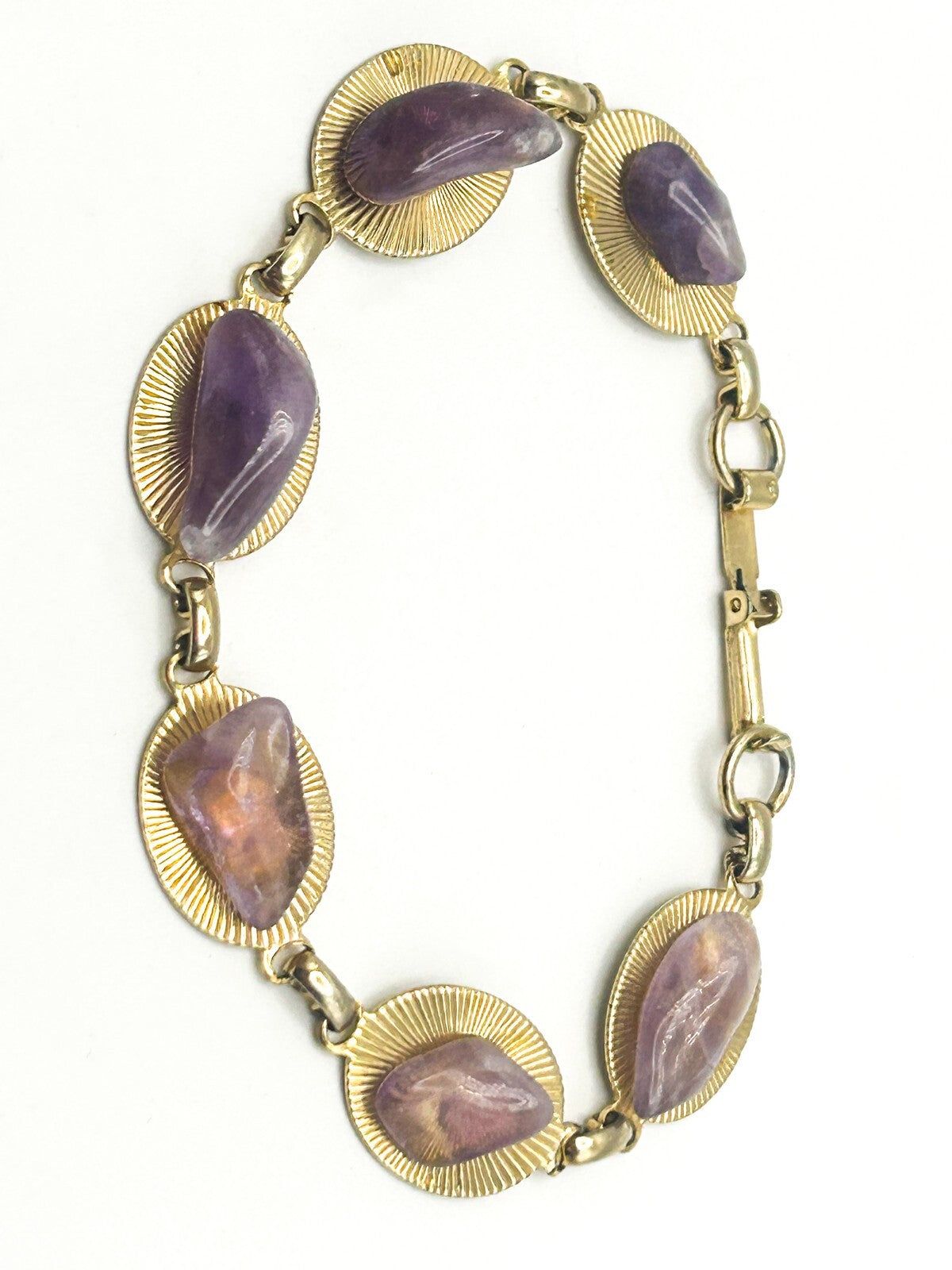 Vintage Gold Tone & Amethyst Nugget Link Bracelet – 8”