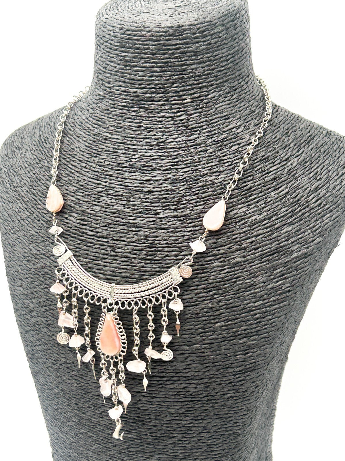 Peruvian Alpaca Pale Pink Rhodonite Rose Quartz Necklace & Earring Set Boho