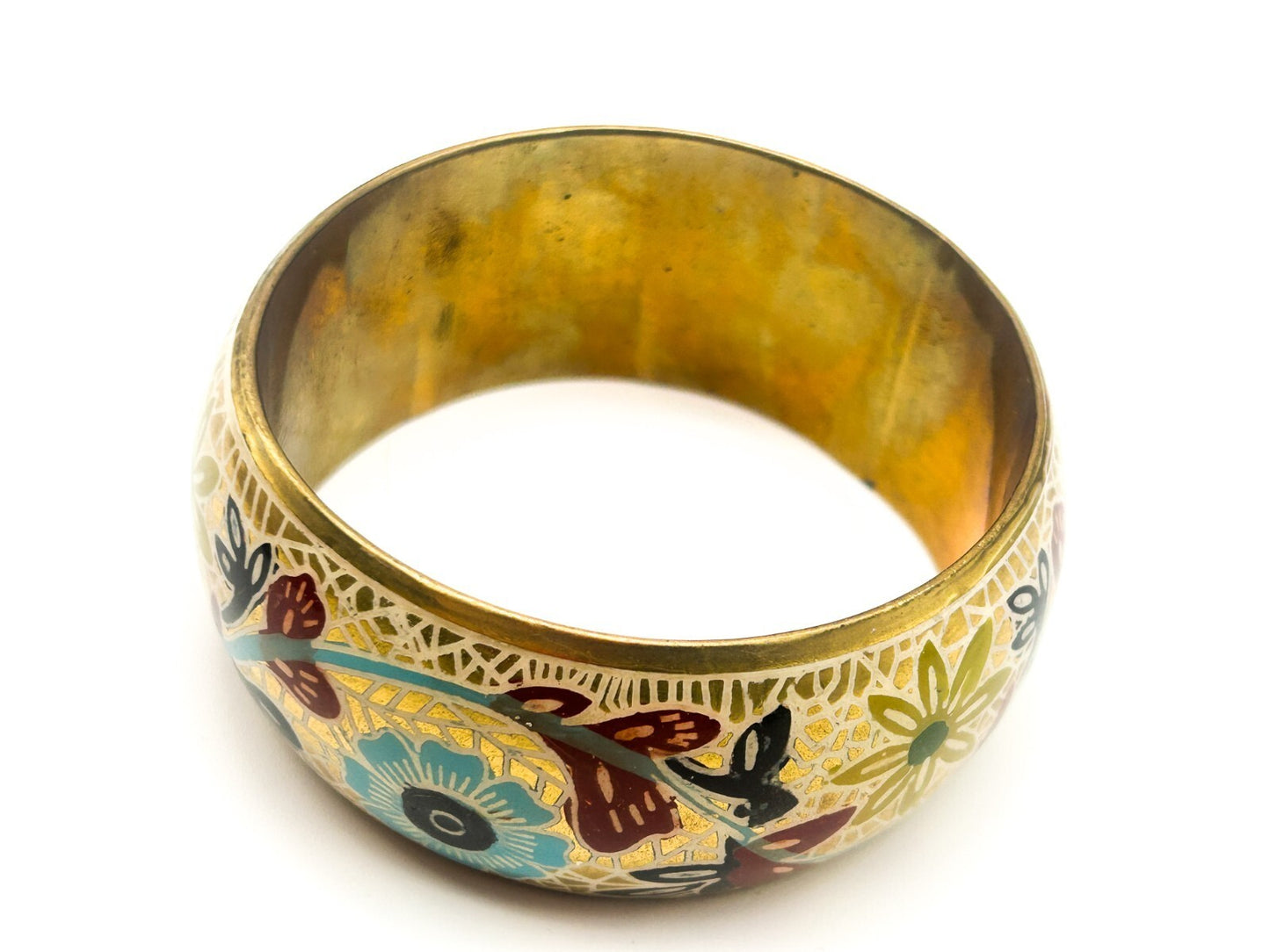 Vintage Brass Bangle Blue Red Painted Floral Statement Bracelet Gold tone Retro