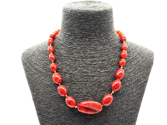 Vintage Art Glass Necklace Carnelian Red Orange Graduated Knotted Beads 30s-40s