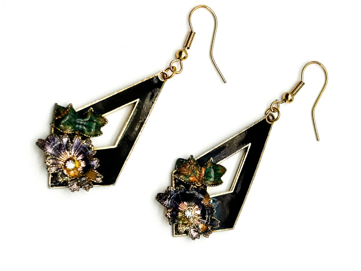 Vintage Cloisonné Floral Geometric Drop Earrings Rhinestone Detail Black Green