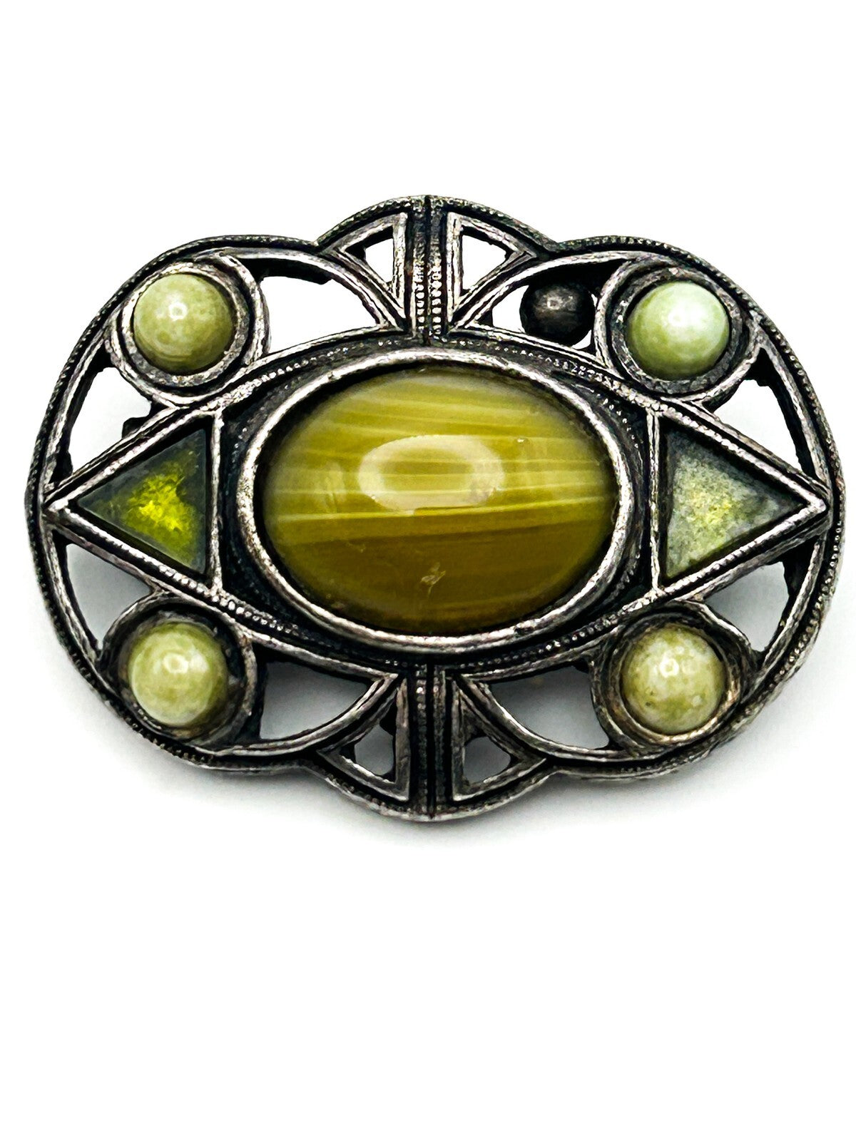 Celtic Style Green Brooch Silver Tone Cabochon Vintage Pin