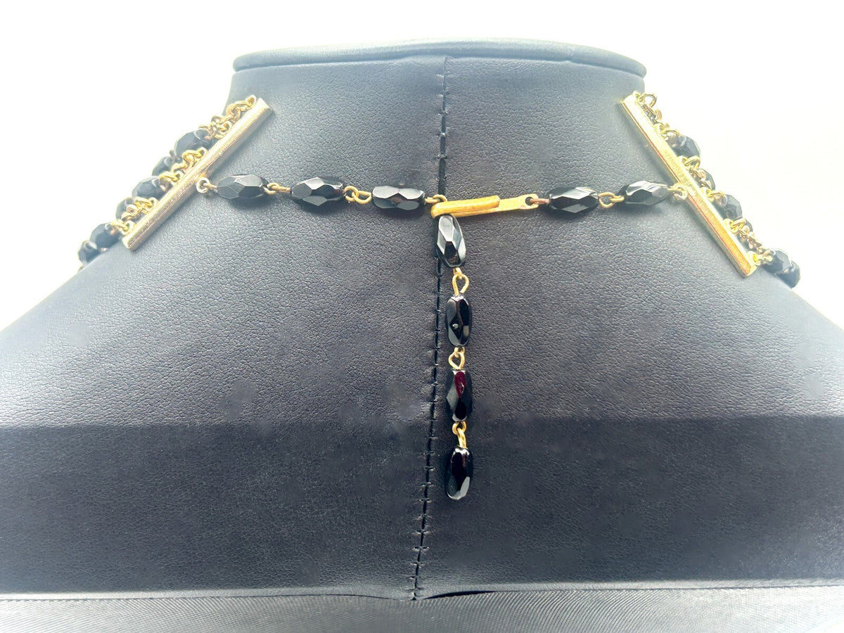 Vintage Layered Black Bead & Gold-Tone Chain Necklace