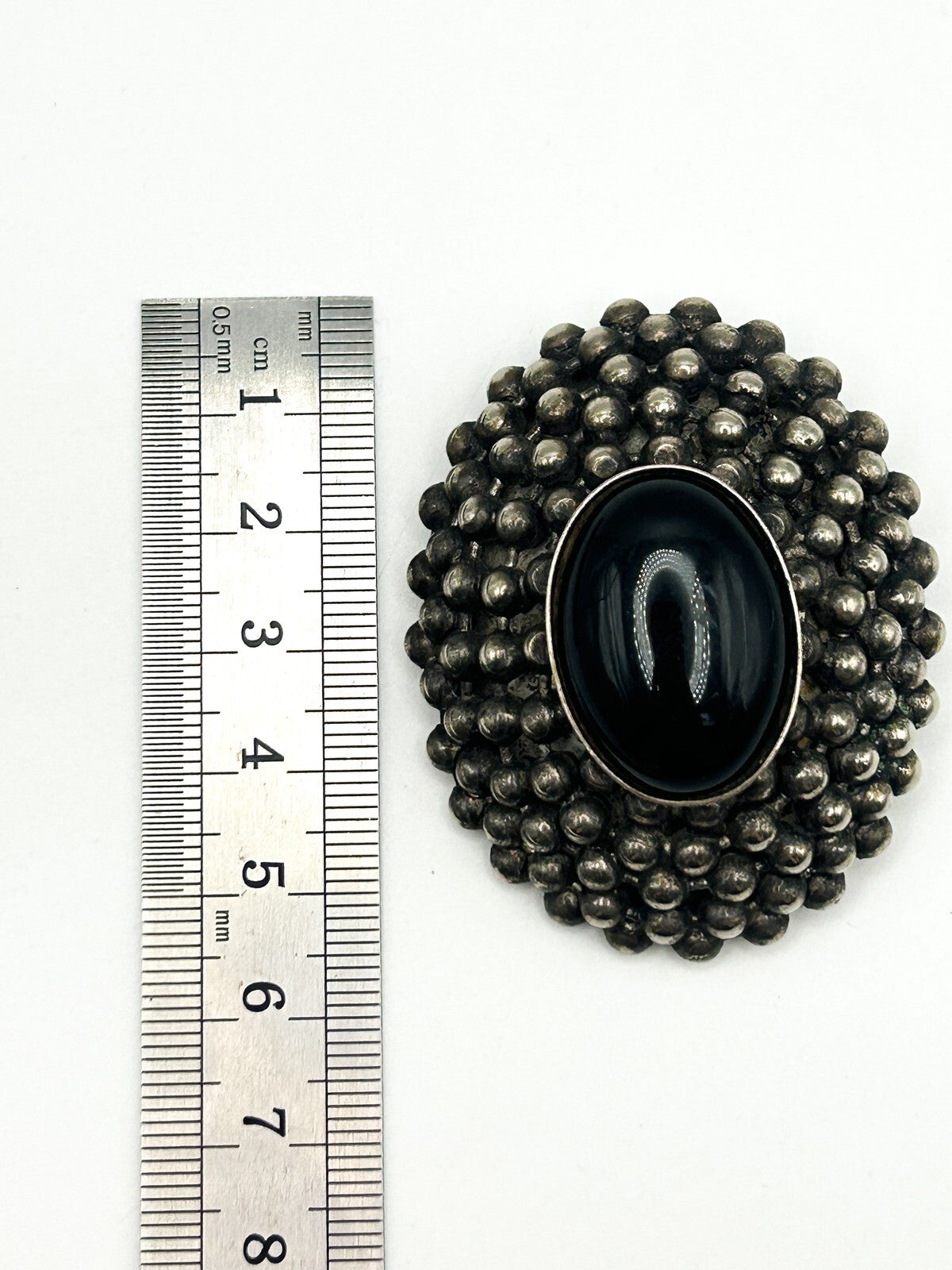 Vintage Black Cabochon Brooch Victorian Revival Style Silver Tone Domed Pin