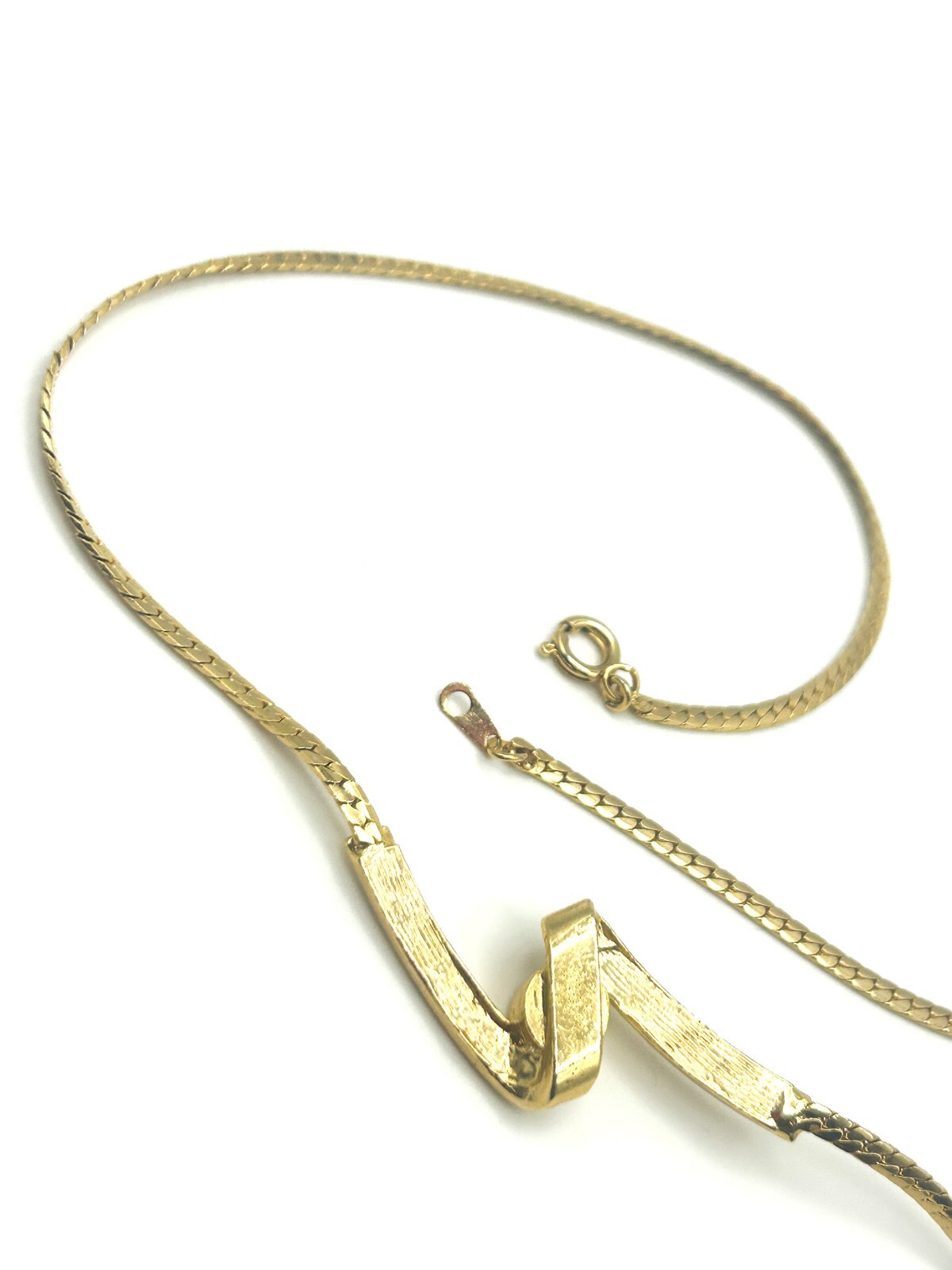 Vintage Gold Tone Zigzag Rhinestone Ribbon Swirl Necklace Dainty 80s