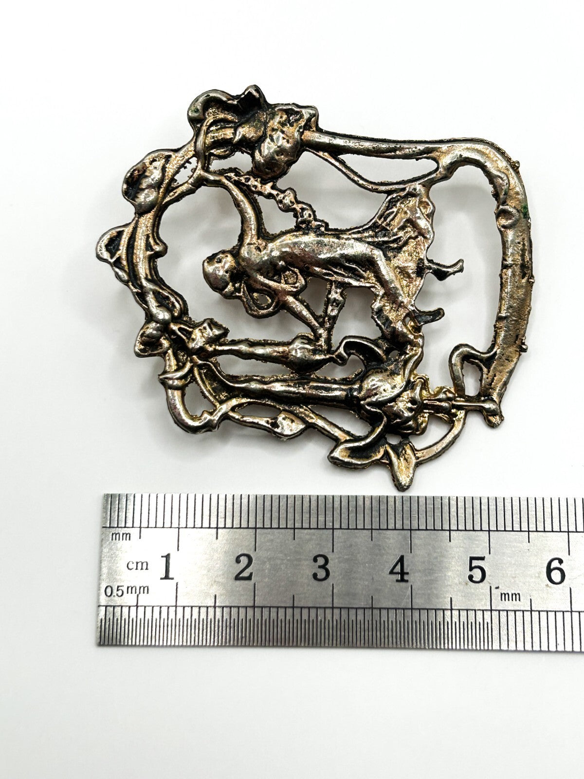 Vintage Art Nouveau Revival Lady Brooch Figural Woman Floral Openwork Gold Tone