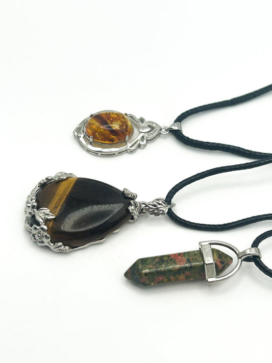 Gemstone Pendant Cord Necklace Bundle Tiger Eye, Unakite & Amber Pendant