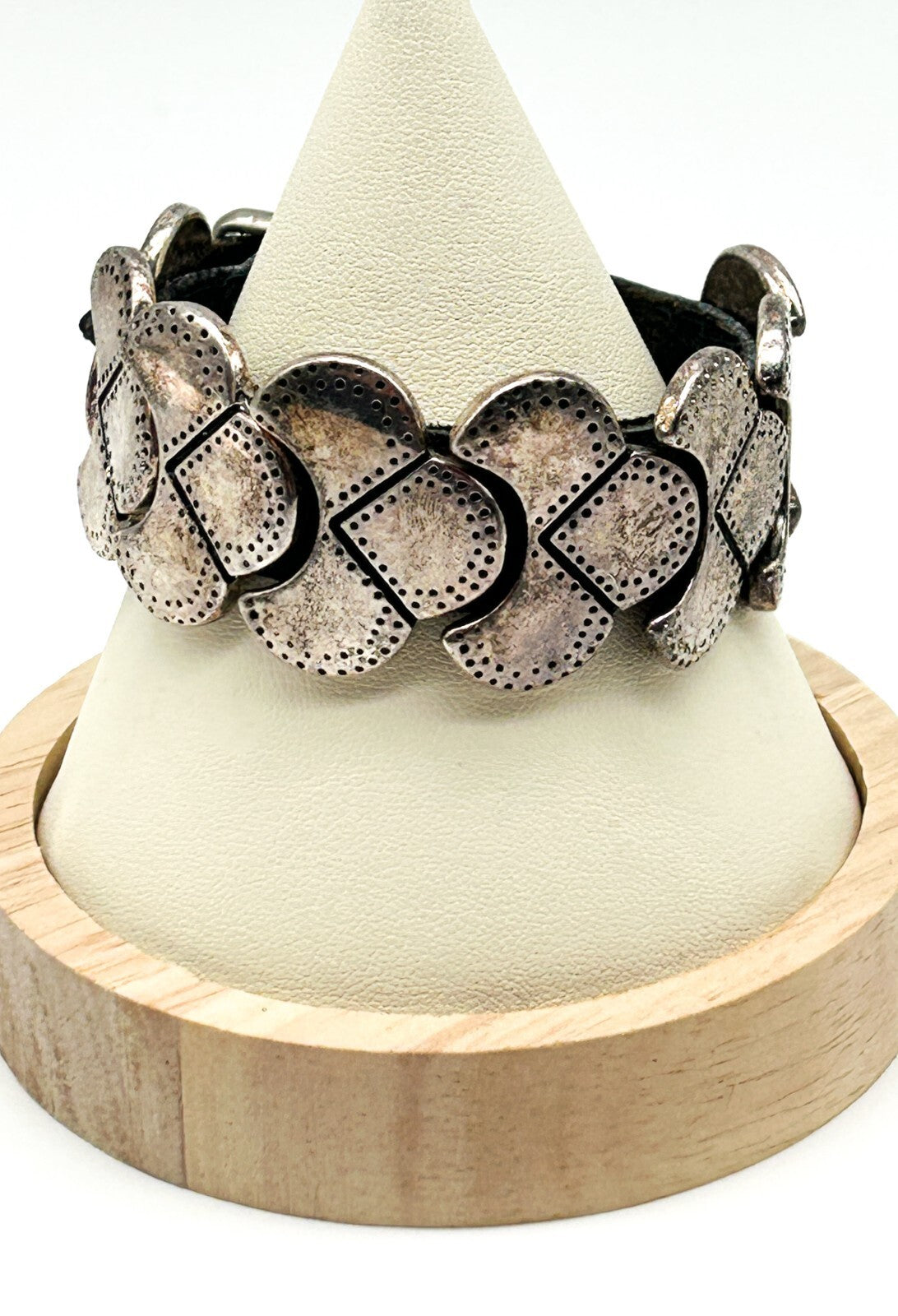 Industrial Silver Tone Cuff Bracelet Black Faux Leather Studded Strap Buckle