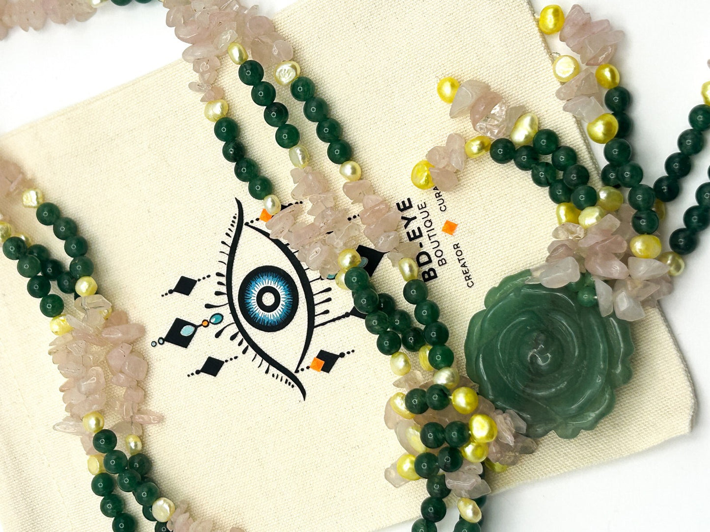 Jade, Rose Quartz, Pearl Triple Strand Statement Necklace Carved Rose Pendant