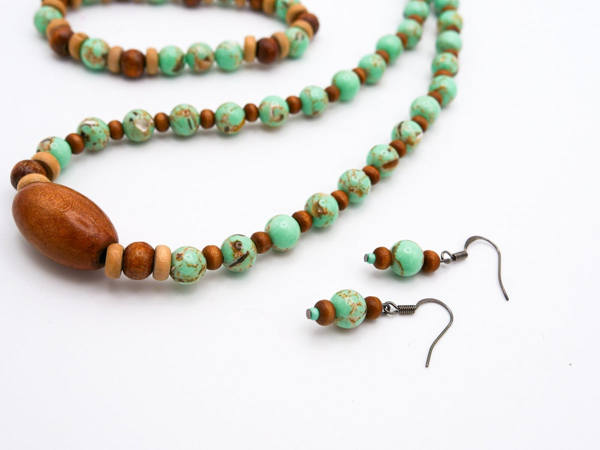 Handmade Brown & Green Beaded Necklace, Bracelet and Earrings Set - Wood Acrylic