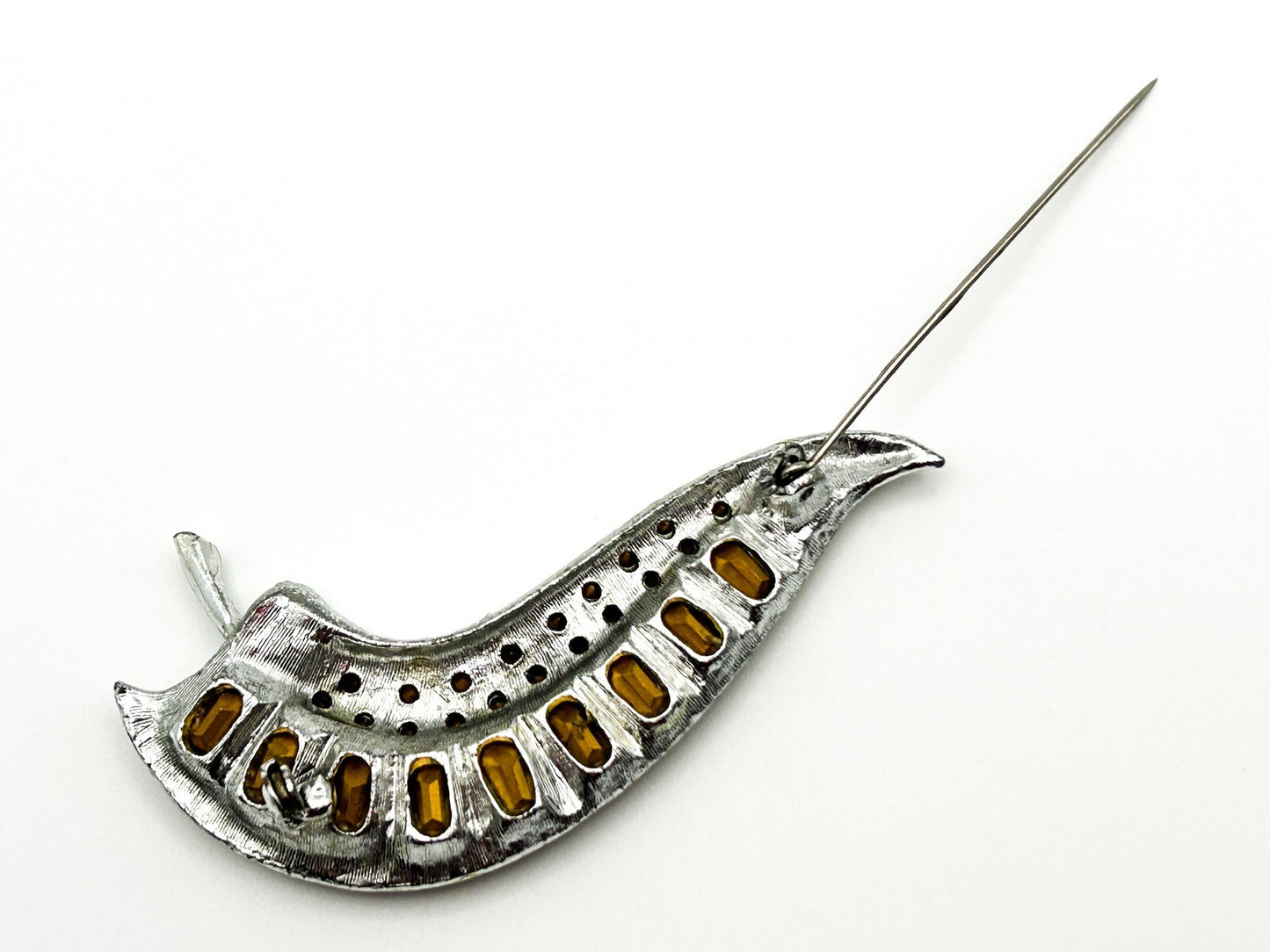 Vintage Silver-Tone Curved Rhinestone Statement Brooch
