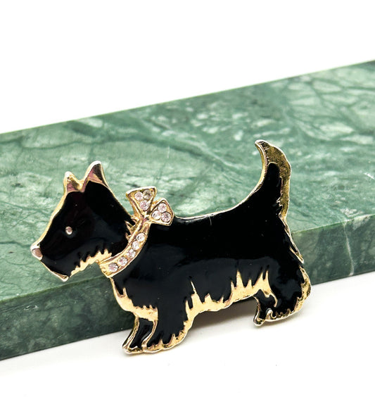 Vintage Gold Tone Black Enamel Scottish Terrier Brooch Scottie Pin Rhinestone