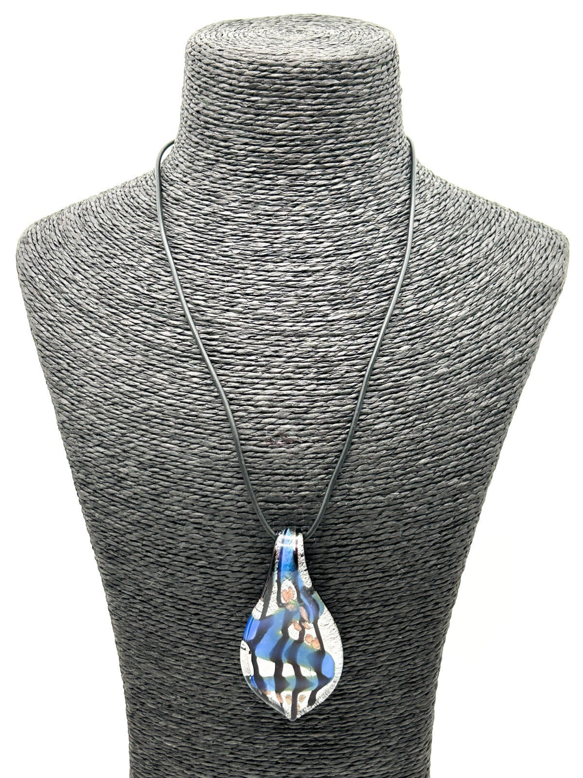 Murano Style Art Glass Pendant Necklace Blue, Silver & Black Abstract Design