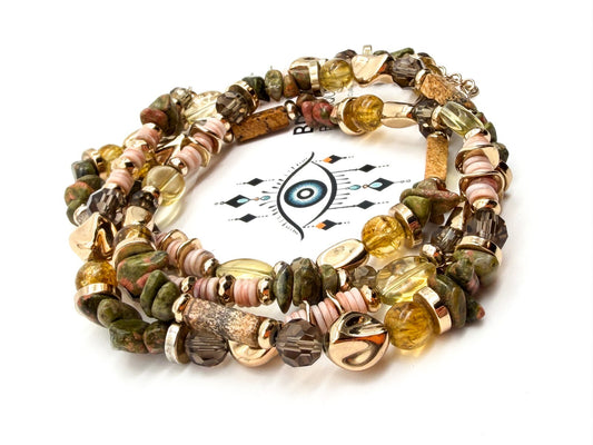 M&S Long Beaded Necklace Unakite Jasper Shell Multi Strand Earth Tone Statement