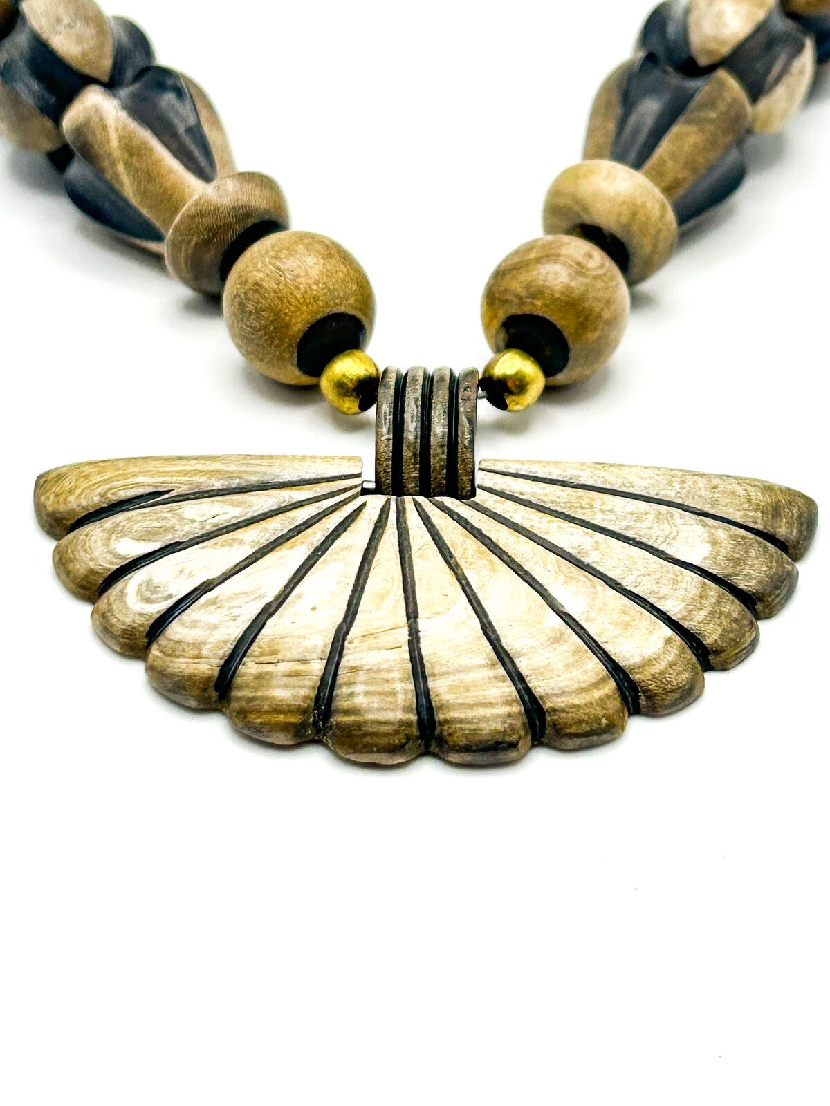 Vintage Carved Wood Beaded Necklace with Ribbed Fan Pendant