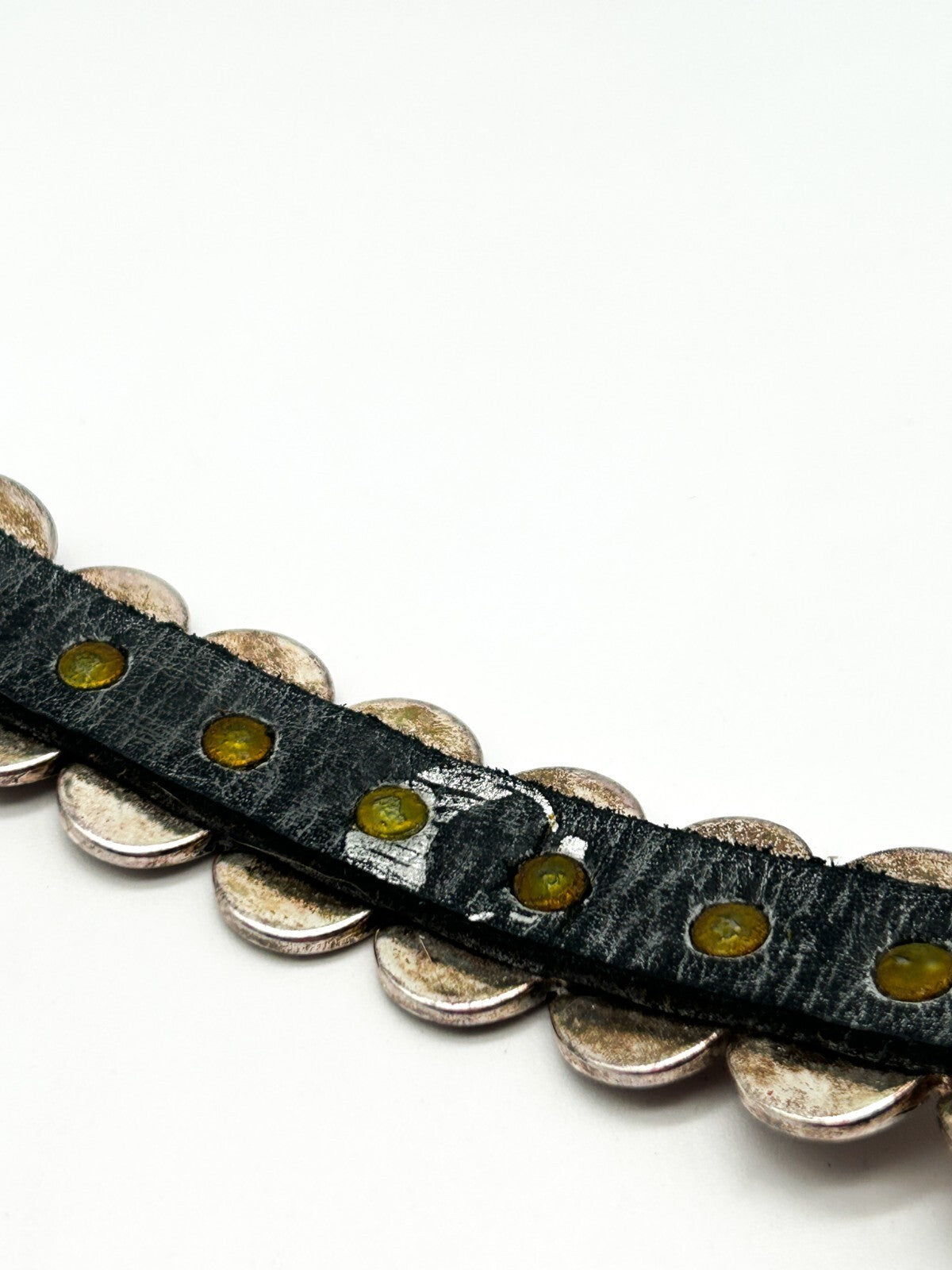 Industrial Silver Tone Cuff Bracelet Black Faux Leather Studded Strap Buckle
