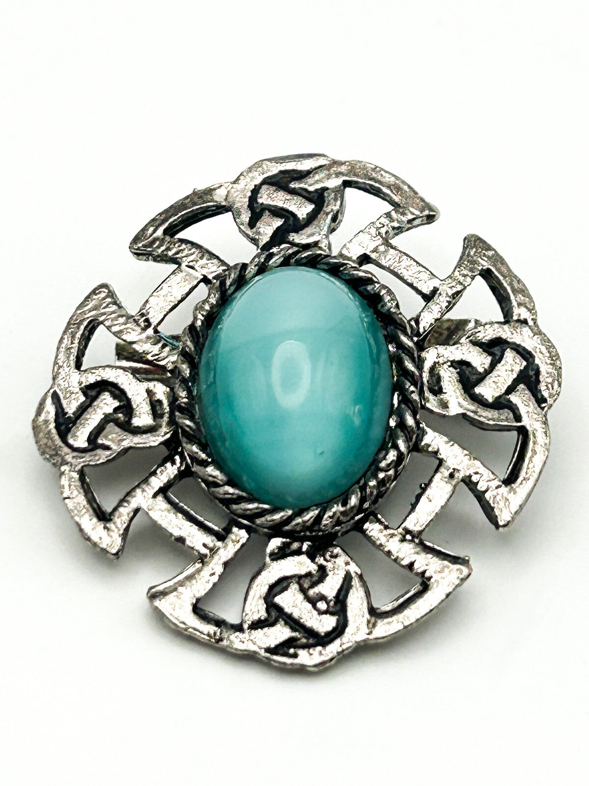 Celtic Knot Brooch Pewter Turquoise Style Cabochon Cross Pin
