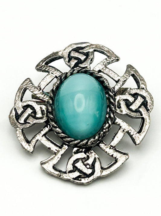 Celtic Knot Brooch Pewter Turquoise Style Cabochon Cross Pin