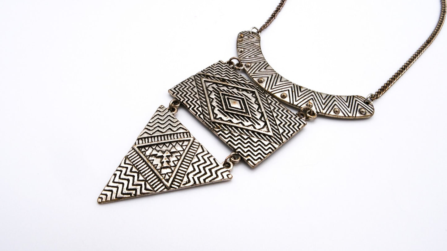 Geometric Tribal-Inspired Statement Necklace - Silver Tone Pendant Chain Panel