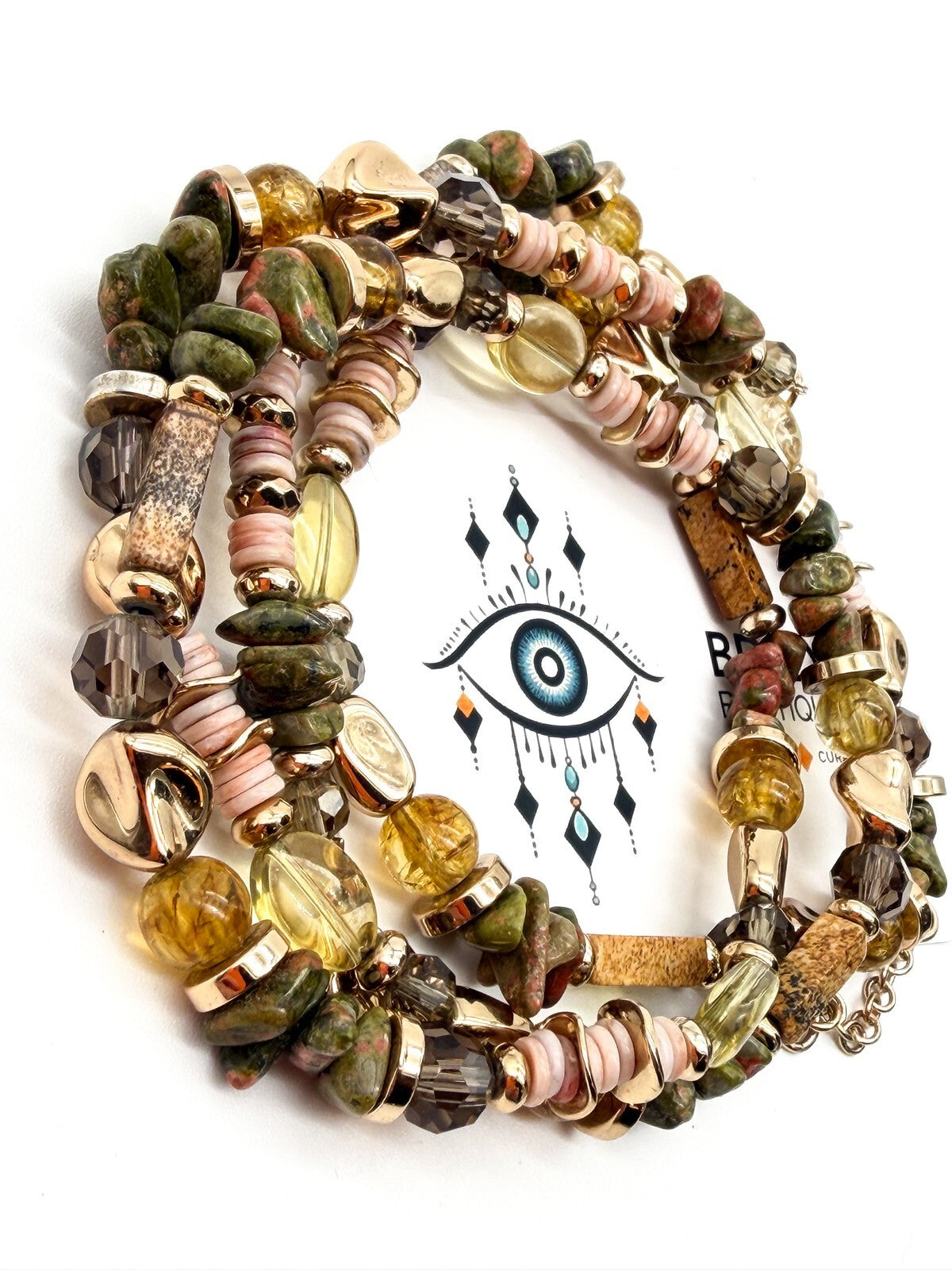 M&S Long Beaded Necklace Unakite Jasper Shell Multi Strand Earth Tone Statement