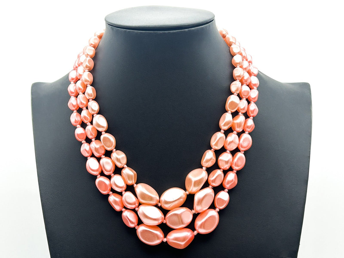 Pink Multi Strand Glass Bead Necklace Faux Pearl Graduated Retro Statement