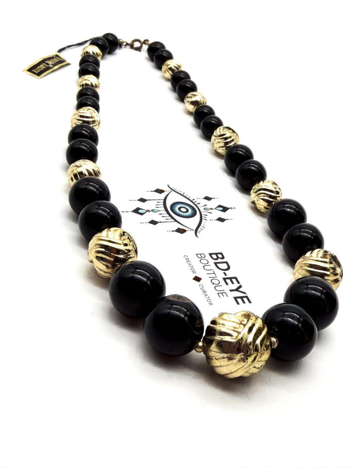 Vintage Black Gold Beaded Necklace Lucite Statement Chunky Beads 19”