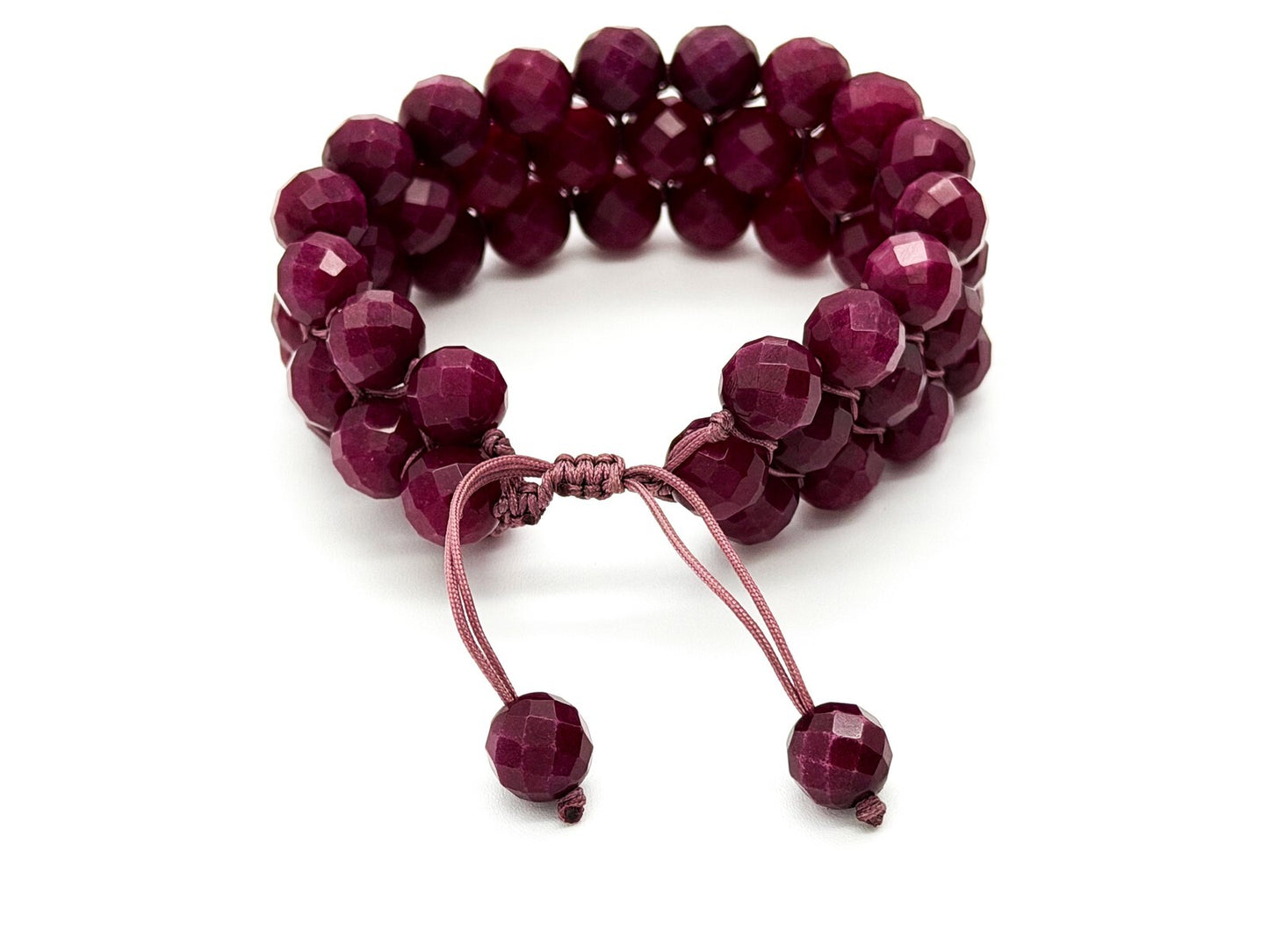 Faceted Jade Bracelet Mauve Beaded Macrame Adjustable Cuff Multi Row Woven