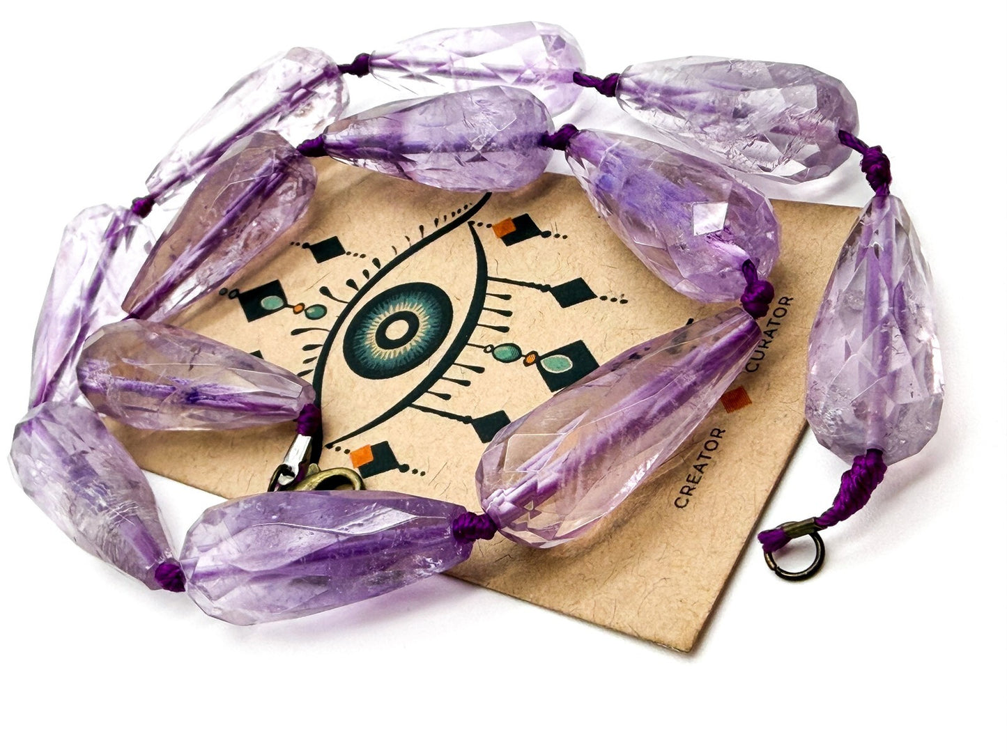 Amethyst Teardrop Necklace Faceted Beads Hand Knotted 18” Statement - Purple