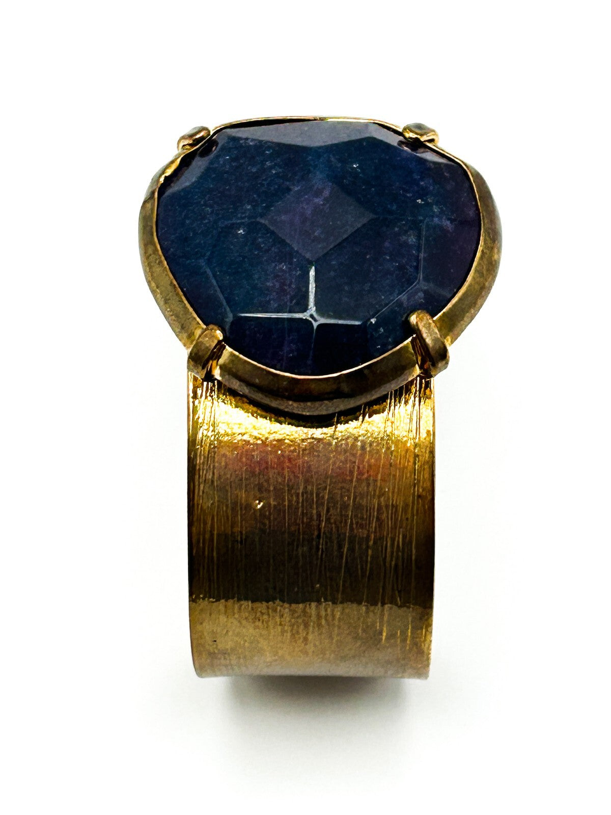 Gold Tone Brushed Cuff Bracelet with Faceted Semi-precious Blue Lepidolite Stone