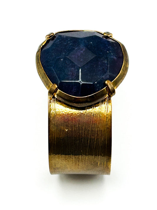 Gold Tone Brushed Cuff Bracelet with Faceted Semi-precious Blue Lepidolite Stone