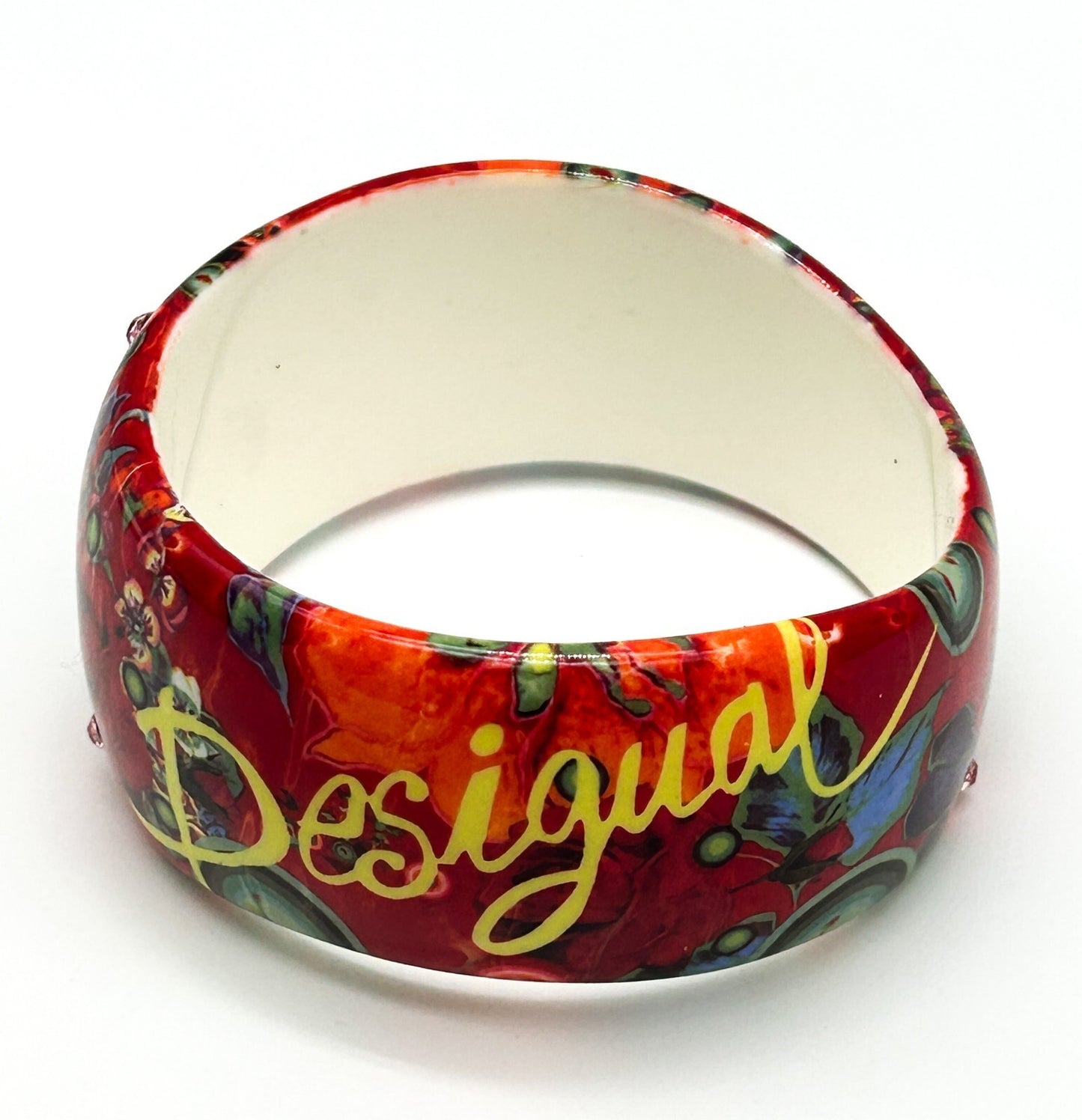 Desigual Floral Acrylic Bangle Red Orange Rhinestone Wavy Statement Bracelet