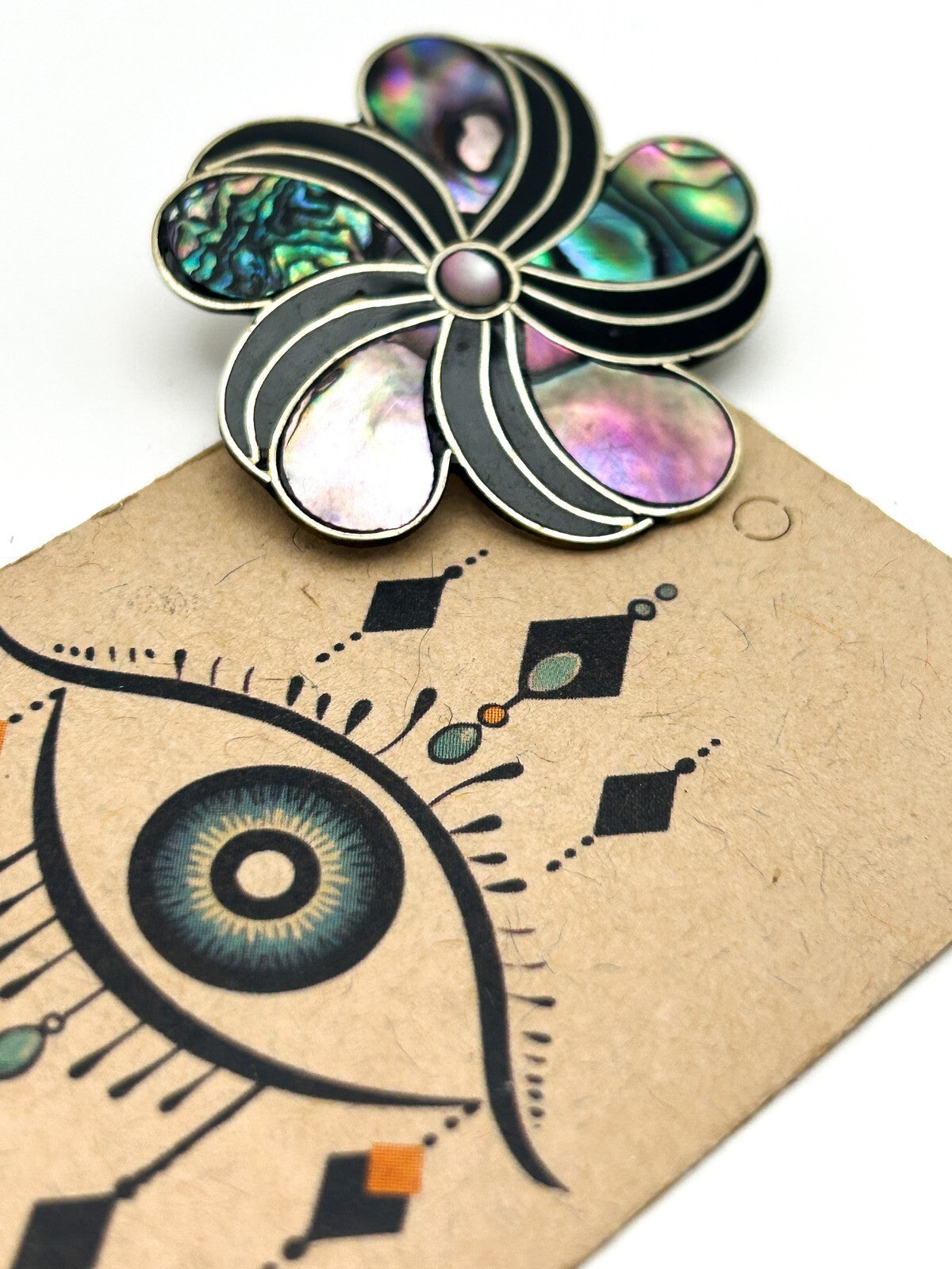 Vintage Alpaca Mexico Abalone Shell Inlay Flower Brooch Black Enamel Swirl