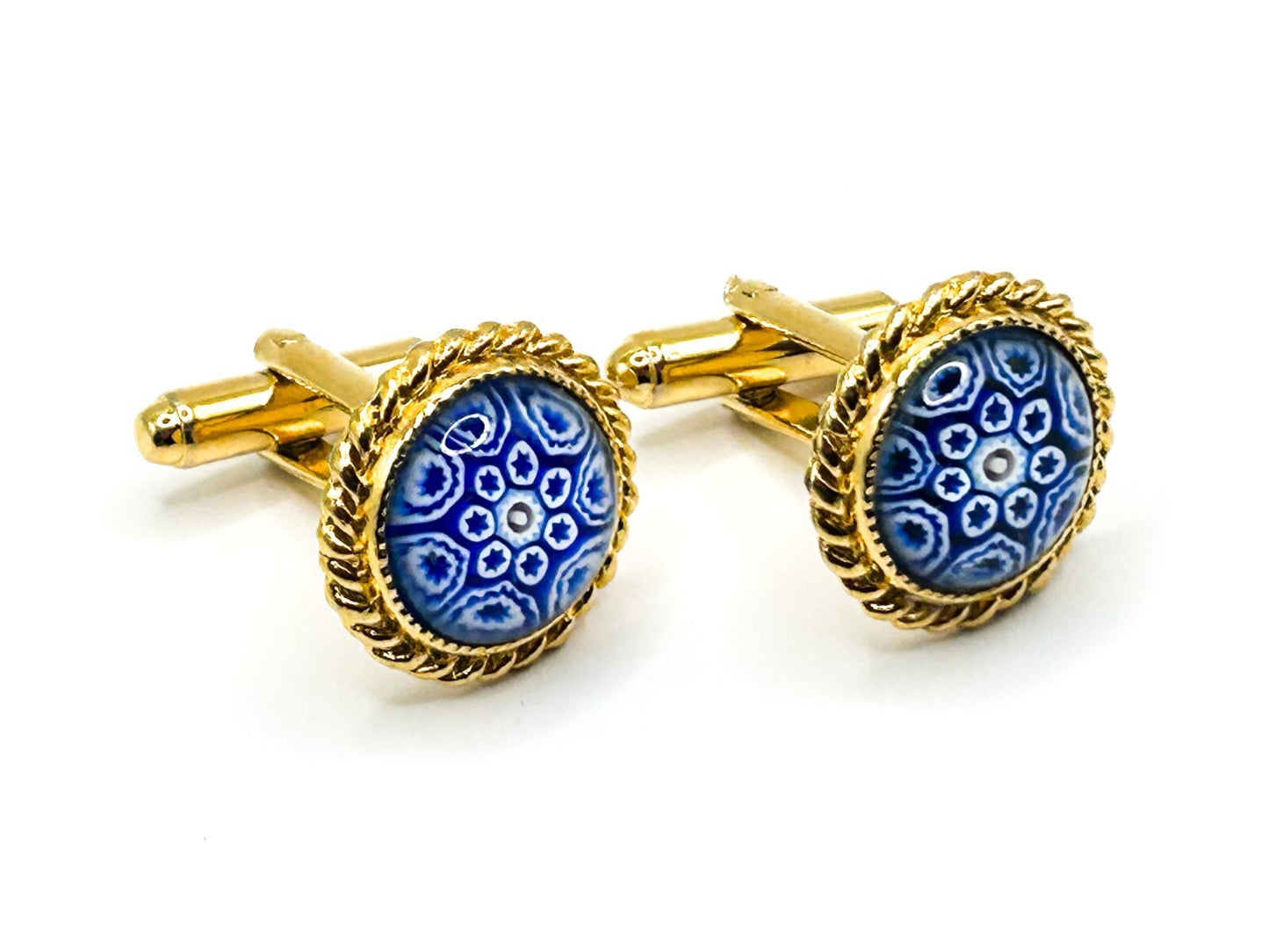 Murano Glass Cufflinks Vintage Blue White Millefiori Gold Tone Italian
