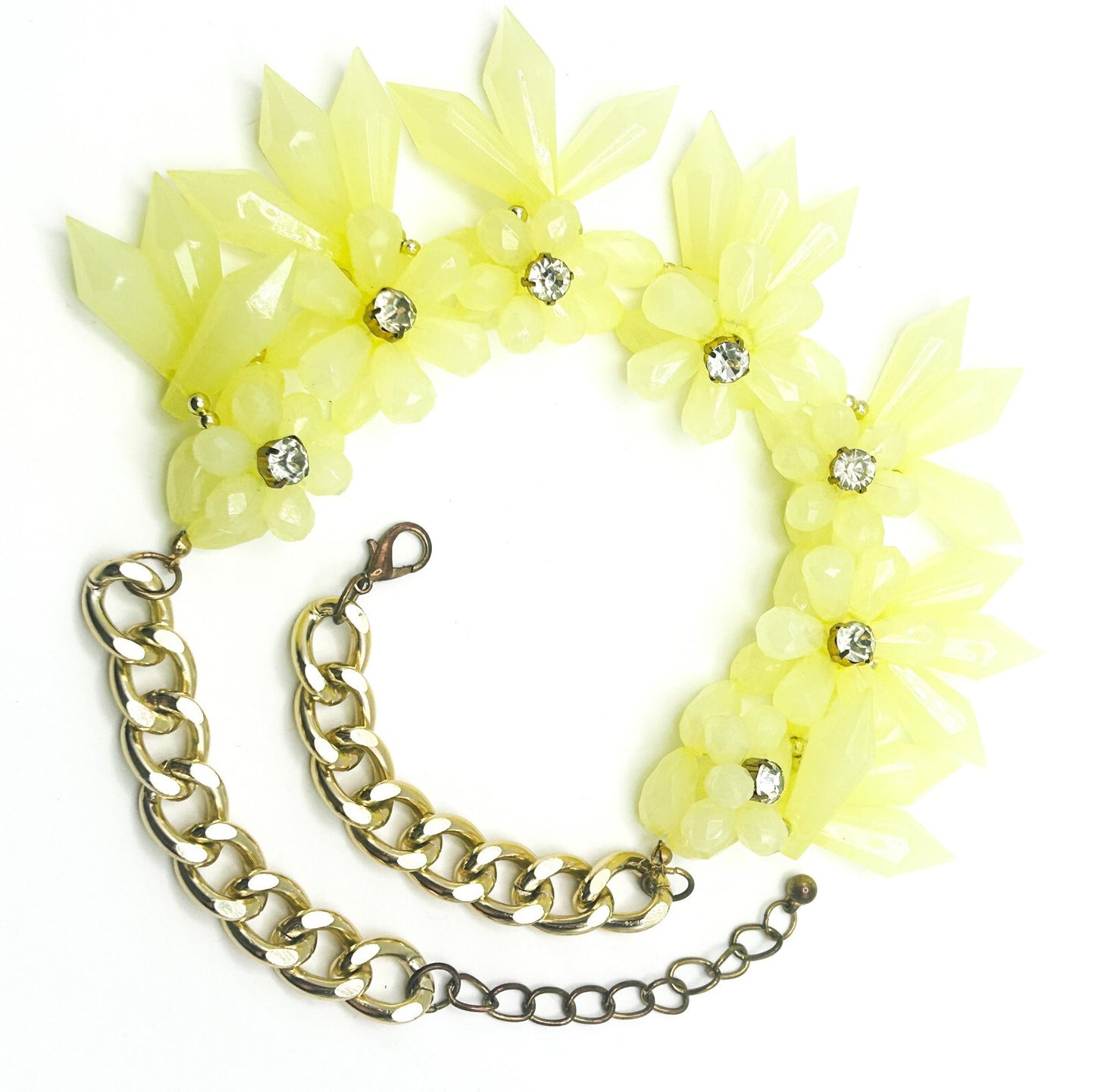 Yellow Faceted Teardrop & Rhinestone Flower Statement Necklace – 19”