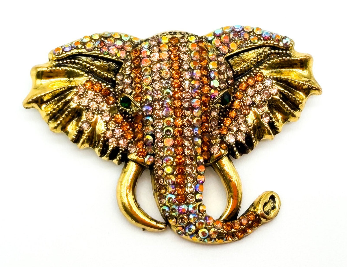 Vintage Elephant Head Brooch Gold Tone AB Orange Peach Rhinestones Green Eye