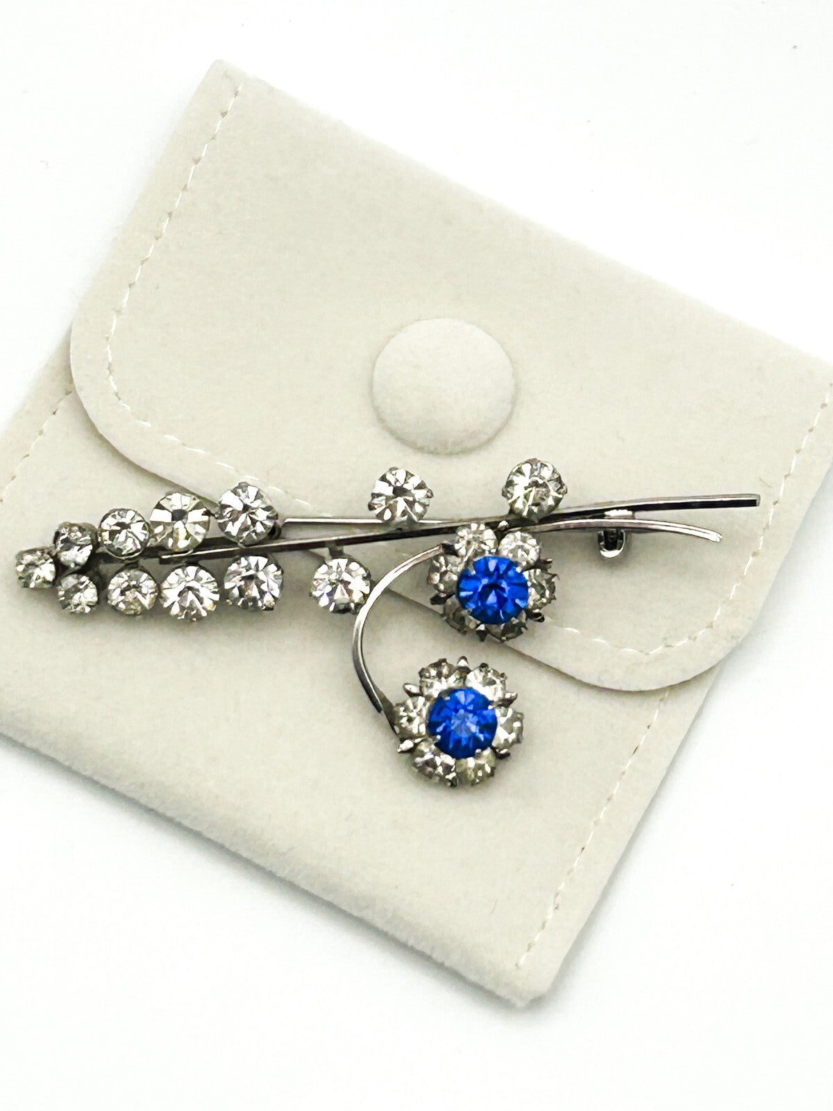 Vintage Blue Rhinestone Brooch Floral Drop Silver Tone Dangle Pin